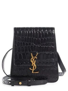 SAINT LAURENT YSL Shoulder Bag Kaia North/South Croc Embossed Black Leather